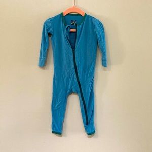 Kickee pants coverall in blue with green trim. Size 9-12 months